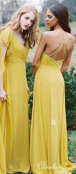 Mismatched Ginger Yellow A-line Chiffon Long Bridesmaid Dresses