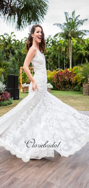 Spaghetti Lace A-line Wedding Dresses, Popular Lace Wedding Dresses