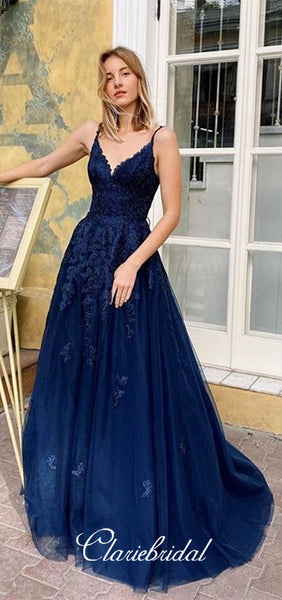 Spaghetti Long A-line Navy Blue Lace Tulle Prom Dresses, Lovely Long Prom Dresses, Affordable Prom Dresses