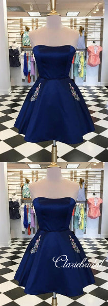 Strapless Navy Satin Short Prom Dresses WIth Pocket, Homecoming Dresses