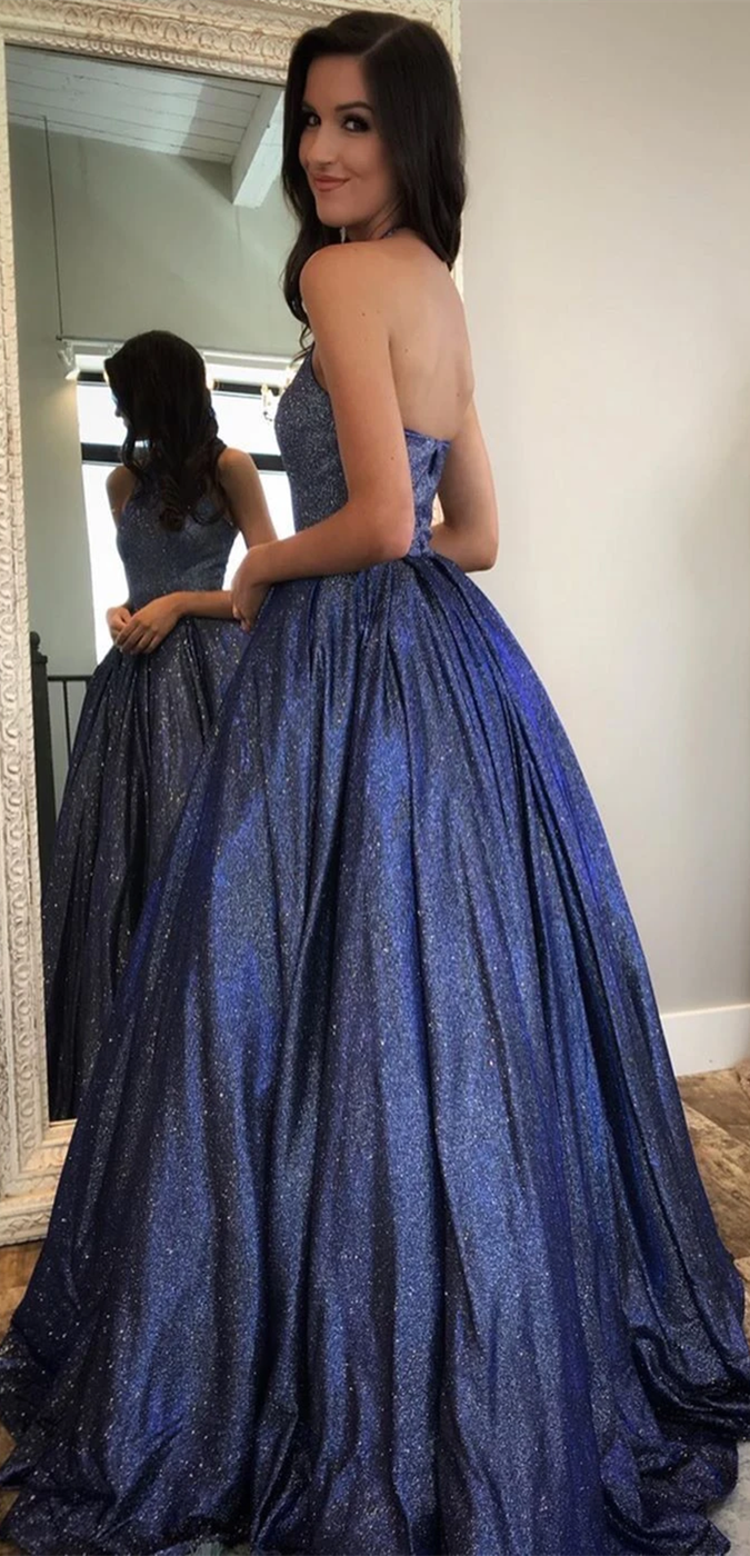 Halter Navy Shemmering Fabric Long A-line Prom Dresses, Shiny Prom Dre –  ClaireBridal