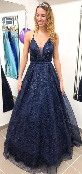 Spaghetti Long A-line Navy Sequin Tulle Prom Dresses, Cross Back Prom Dresses, Long Prom Dresses