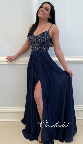 Spaghetti Long A-line Navy Chiffon Beaded Prom Dresses, Elegant Prom Dresses, Side Slit Prom Dresses