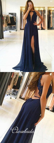 Simple Halter Lace Chiffon A-line Long Prom Dresses, Bridesmaid Dresses