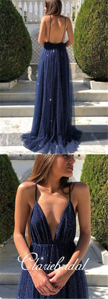 Navy Spaghetti A-line Sequin Tulle Backless Prom Dresses, Long Prom Dresses
