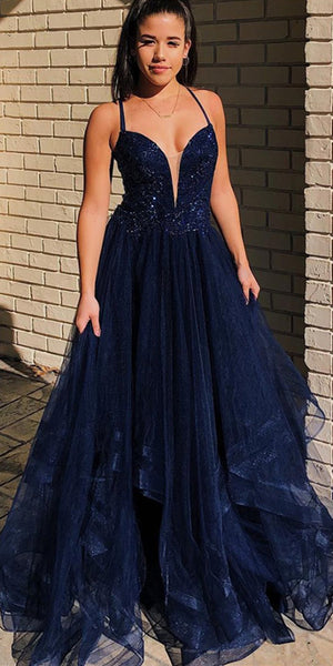Long A-line Navy Lace Tulle Prom Dresses, Long Prom Dresses, Lace Appl ClaireBridal Long A-line Navy Lace Tulle Prom Dresses, Long Prom Dresses, Lace Appl ClaireBridal
