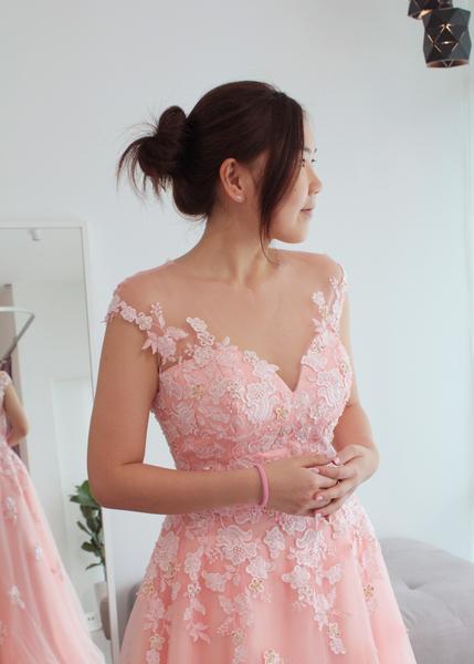Cap Sleeves A-line Pink Lace Tulle Wedding Dresses, Bridal Gown