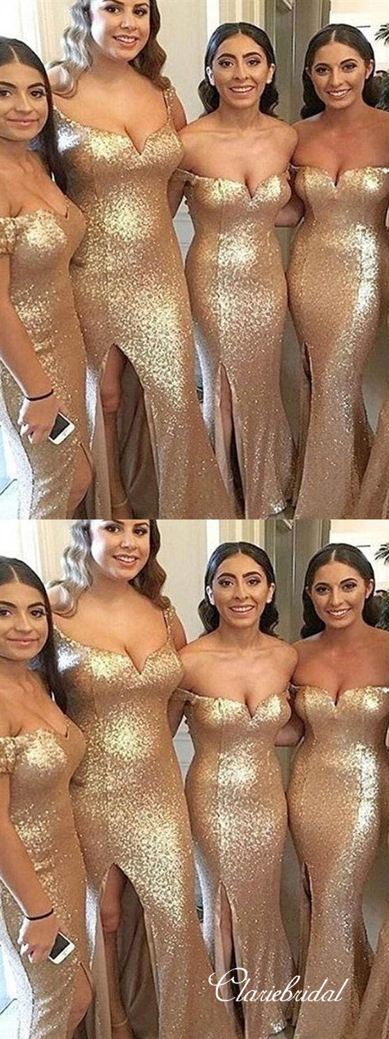 Off Shoulder Gold Sequin Side Slit Long Bridesmaid Dresses ClaireBridal Off Shoulder Gold Sequin Side Slit Long Bridesmaid Dresses ClaireBridal