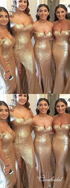 Off Shoulder Gold Sequin Side Slit Long Bridesmaid Dresses