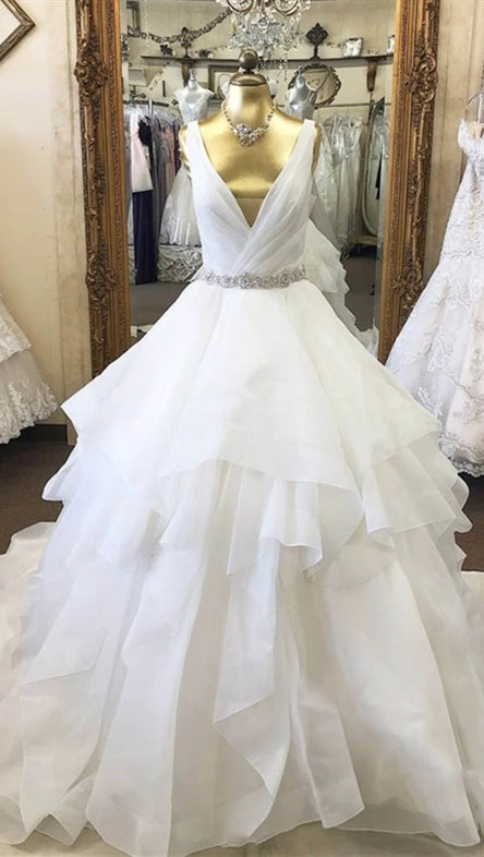 V-neck Long A-line Organza Wedding Dresses, Rhinestone Beaded Bealt We –  ClaireBridal