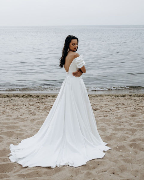 Off Shoulder Ruffled Ivory Satin Wedding Dresses, A-line Wedding Dresses, Affordable Wedding Dresses