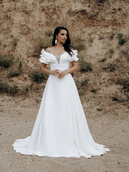 Off Shoulder Ruffled Ivory Satin Wedding Dresses, A-line Wedding Dress ClaireBridal Off Shoulder Ruffled Ivory Satin Wedding Dresses, A-line Wedding Dress ClaireBridal