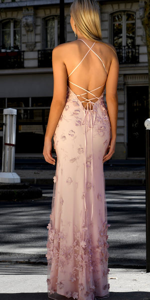 V-neck Blush Pink Fitted Long Floral Prom Dresses, New Arrival Prom Dresses, 2021 Prom Dresses