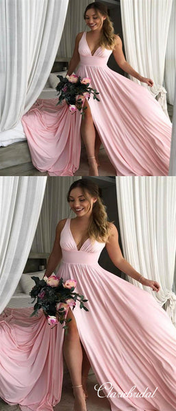 Pink V-neck Long A-line Jersey Side Slit Bridesmaid Dresses