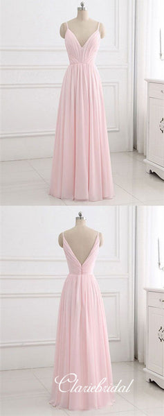 Spaghetti Long A-line Pink Chiffon Long Bridesmaid Dresses