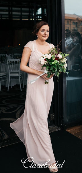 Cap Sleeves Long Pink Chiffon Lace A-line Bridesmaid Dresses