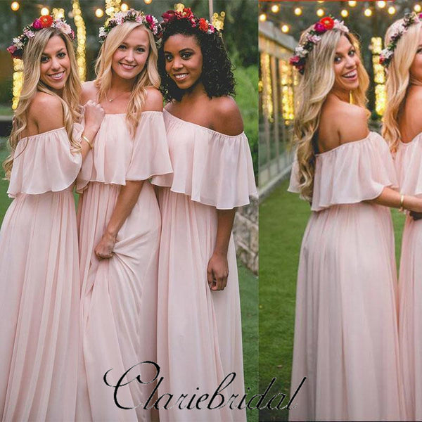 Off Shoulder Blush Pink Chiffon Long Bridesmaid Dresses