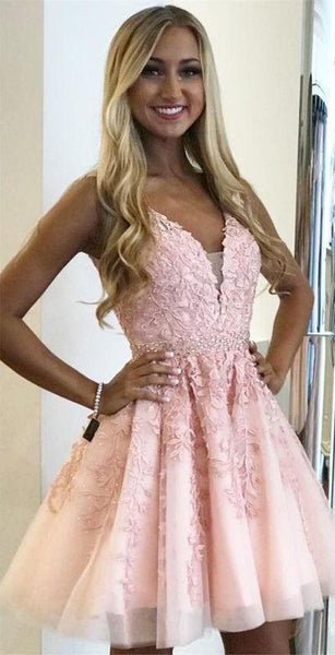 V-neck Pink Lace Beaded Homecoming Dresses, Short Prom Dresses