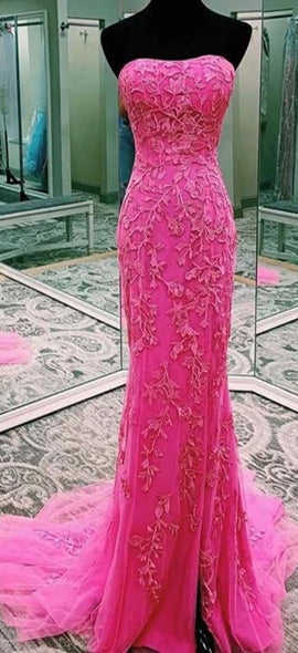 Strapless Long Mermaid Pink Lace Prom Dresses, Long Prom Dresses, 2020 Prom Dresses