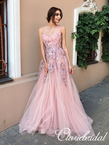 Pink Tulle Lace Long Homecoming Dresses, Prom Dresses, Newest Prom Dresses