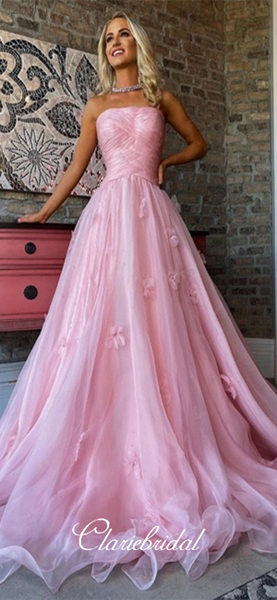 Strapless Long A-line Pink Tulle Appliques Prom Dresses, New Arrival Long Prom Dresses, 2020 Prom Dresses