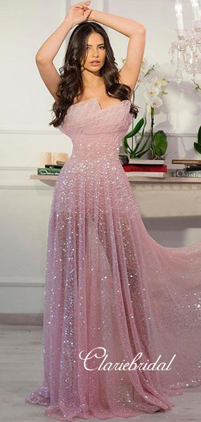 Chic Neckline Deisgn Pink Sequin Prom Dresses, See Through Prom Dresses, Sparkle Prom Dresses