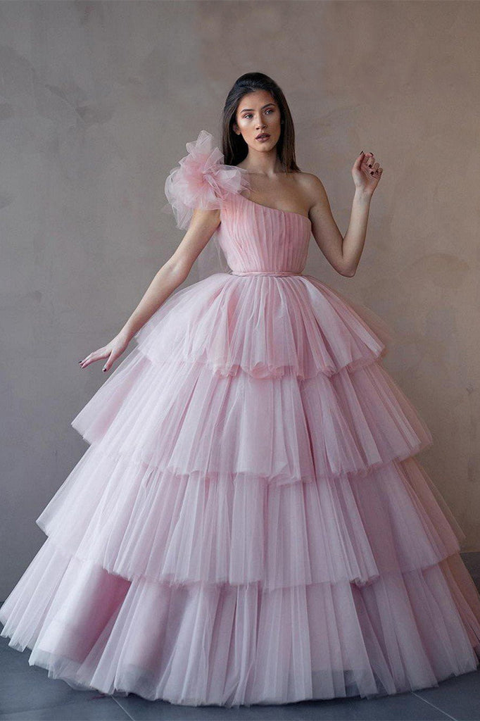 One Shoulder Pink Layers Tulle Prom Dresses, Ball Gown Prom Dresses, 2 – ClaireBridal One Shoulder Pink Layers Tulle Prom Dresses, Ball Gown Prom Dresses, 2 – ClaireBridal
