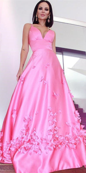 V-neck Long A-line Pink Satin Prom Dresses, 3D Floral Prom Dresses, 2021 Prom Dresses
