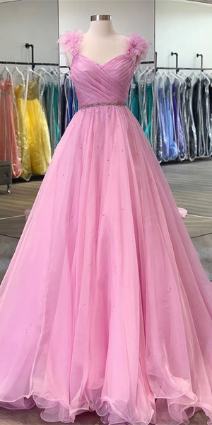 V-neck Long A-line Pink Organza Beaded Prom Dresses, Lovely Long 2021 Prom Dresses