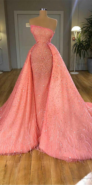 Strapless Luxury Coral Beaded Sequin Prom Dresses With Feathers, Newest Prom Dresses