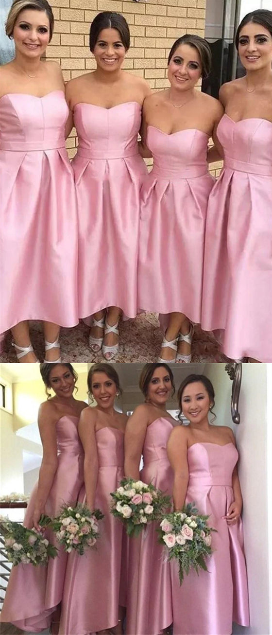 Sweetheart Long Hi-low Pink Satin Bridesmaid Dresses, Simple Bridesmai ClaireBridal Sweetheart Long Hi-low Pink Satin Bridesmaid Dresses, Simple Bridesmai ClaireBridal