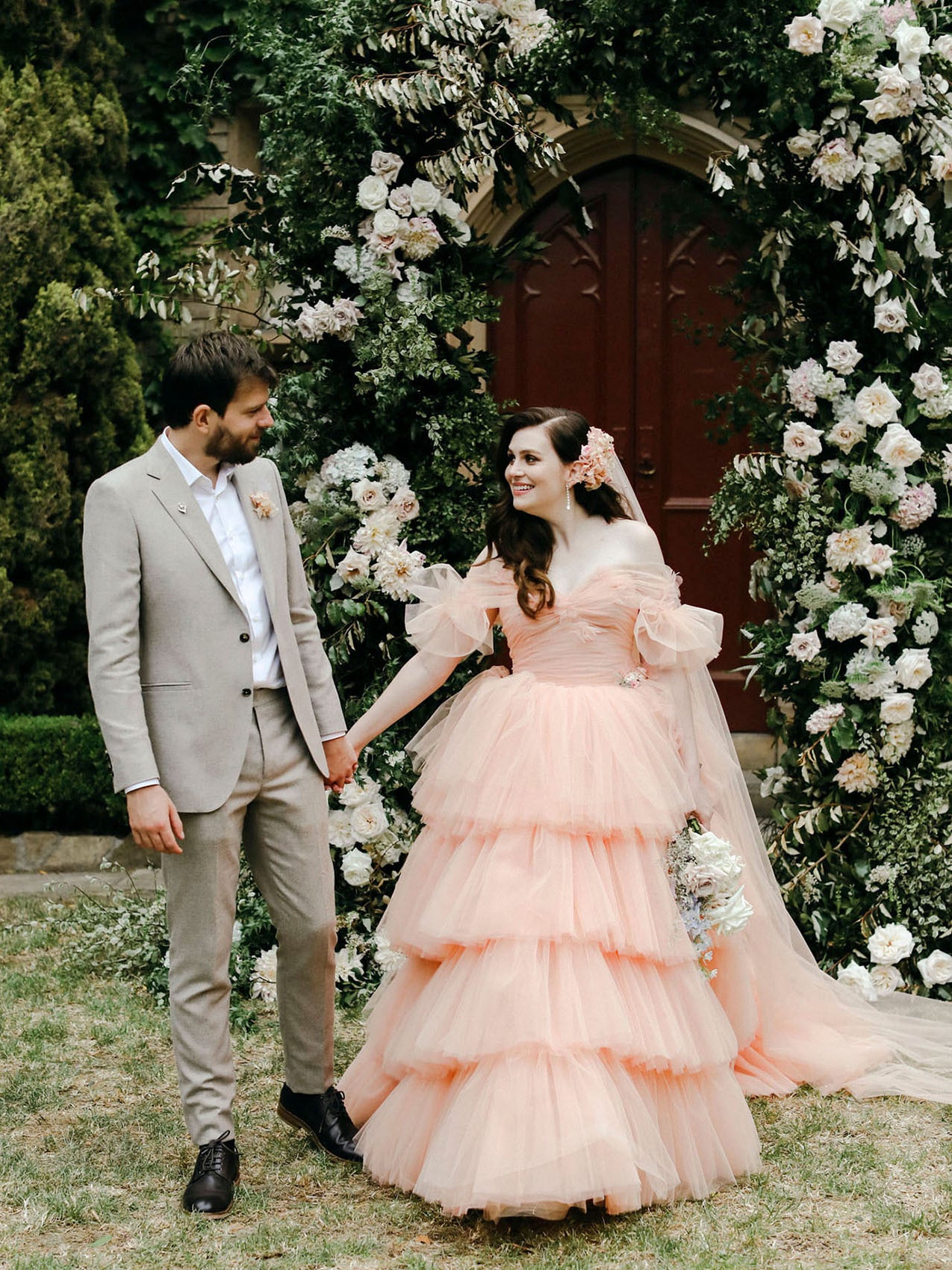 Peach Off Shoulder Tulle Wedding Dresses, Cake Wedding Dresses, Puffy – ClaireBridal