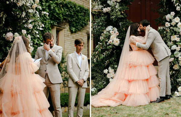 Peach Off Shoulder Tulle Wedding Dresses, Cake Wedding Dresses, Puffy New Wedding Dresses, Bridal Gown
