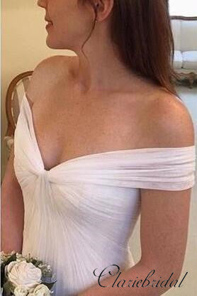Off Shoulder A-line Simple Tulle Wedding Dresses, Long Wedding Dresses