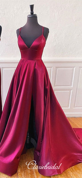 Lovely Plum Satin Prom Dresses, Slit Prom Dresses, Simple Prom Dresses, Affordable Prom Dresses
