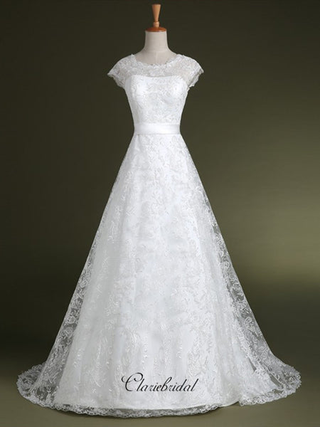 Elegant Cap Sleeves Long Wedding Dresses, Lace A-line Fancy Wedding Dresses 2019
