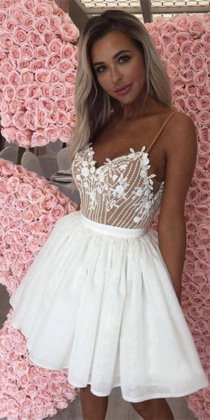 Lovely Ivory Lace Chiffon Homecoming Dresses, Beaded Homecoming Dresses, Short Prom Dresses