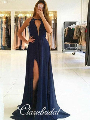 Simple Halter Lace Chiffon A-line Long Prom Dresses, Bridesmaid Dresses