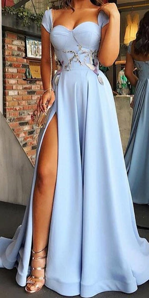 Cap Sleeves Lught Blue Double FDY Prom Dresses, Appliques Prom Dresses, Prom Dresses