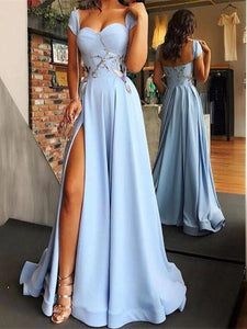 Cap Sleeves Lught Blue Double FDY Prom Dresses, Appliques Prom Dresses, Prom Dresses