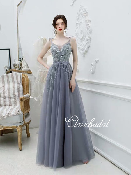 Straps Long A-line Grey Tulle Beaded Prom Dresses, New 2020 Prom Dresses, Claire Design Prom Dresses