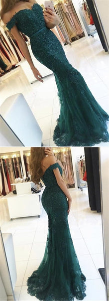 Off Shoulder Mermaid Appliques Beaded Prom Dresses, Long Prom Dresses, Prom Dresses