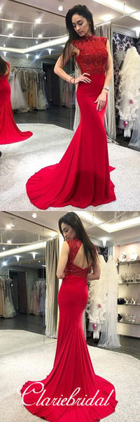 Cap Sleeves Red Jersey Prom Dresses, Mermaid Prom Dresses, Open Back Prom Dresses