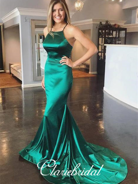 Green Soft Satin Mermaid Prom Dresses, Cross Back Prom Dresses, Long Prom Dresses