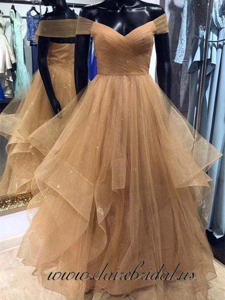 Off Shoulder Champagne Tulle With Gitter Prom Dresses, Fluffy Prom Dresses