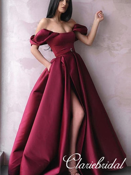 Off Shoulder Long A-line Burgundy Satin Prom Dresses, Side Slit Prom Dresses, Popular Prom Dresses