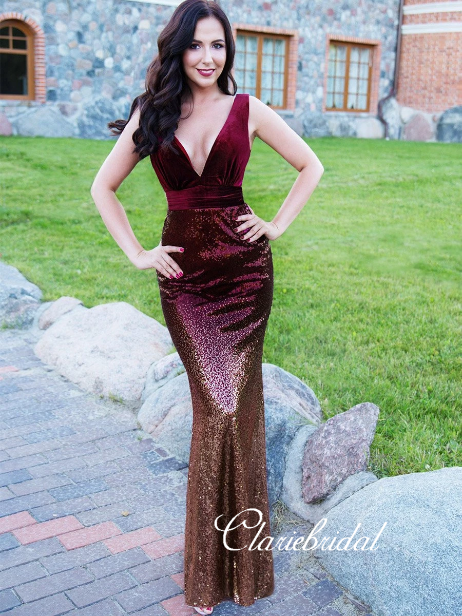 V-neck Velvet Top Long Mermaid Gradient Sequin Prom Dresses, Newest Prom Dresses, Long Prom Dresses