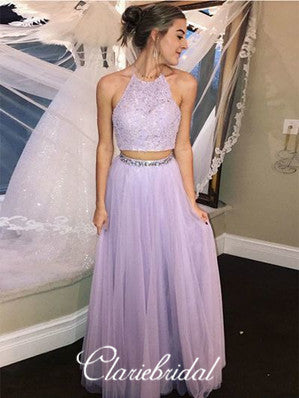 2 Pieces Lilac Lace Tulle Prom Dresses, Lovely Long Prom Dresses