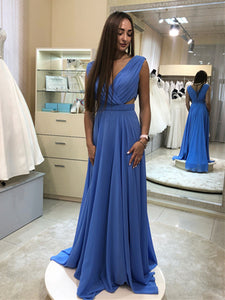 V-neck Sky Blue A-line Chiffon Prom Dresses, Long Bridesmaid Dresses