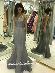 Grey Sheen Satin Mermaid Prom Dresses, Ruffled Long Prom Dresses, Prom Dresses